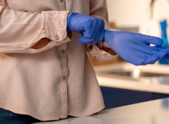 Image of gloves being put on - ensure safety at all times